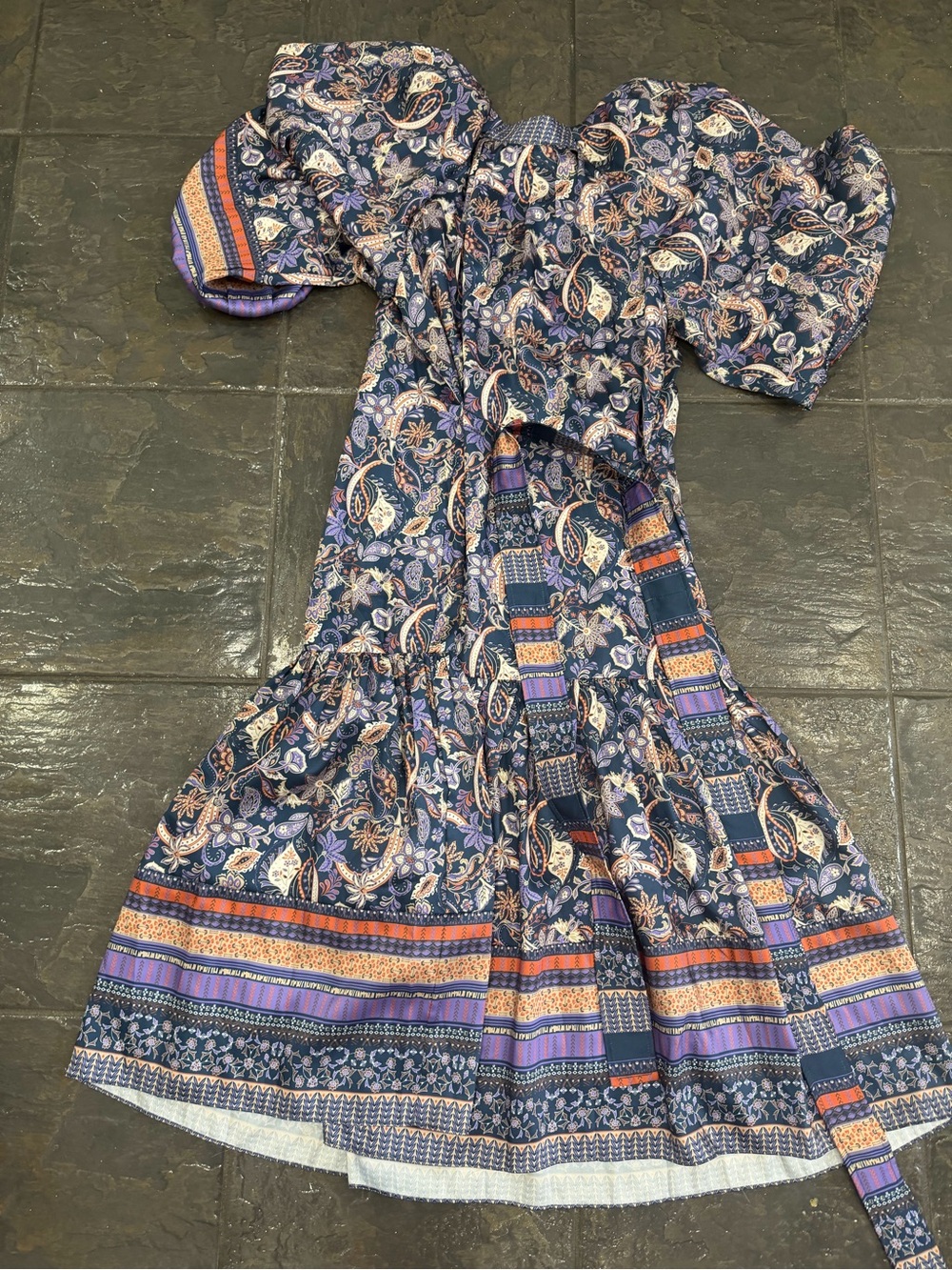 Current Air Los Angeles Paisley Midi Dress Medium Boho Puff Sleeve Tiered Dress - Picture 7 of 7